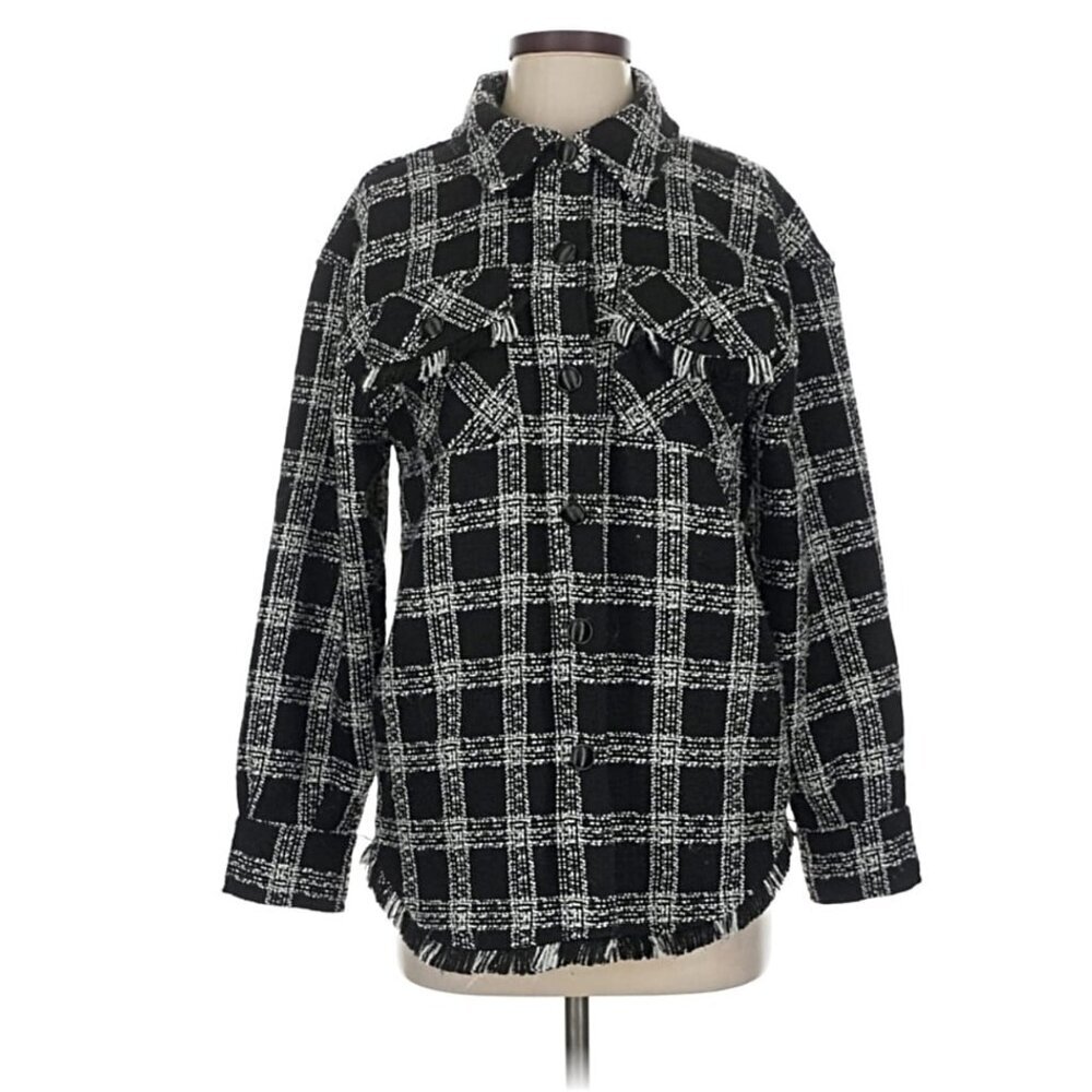 House of Harlowe 1960 black white plaid fringe trim shacket jacket size S - Picture 4 of 7